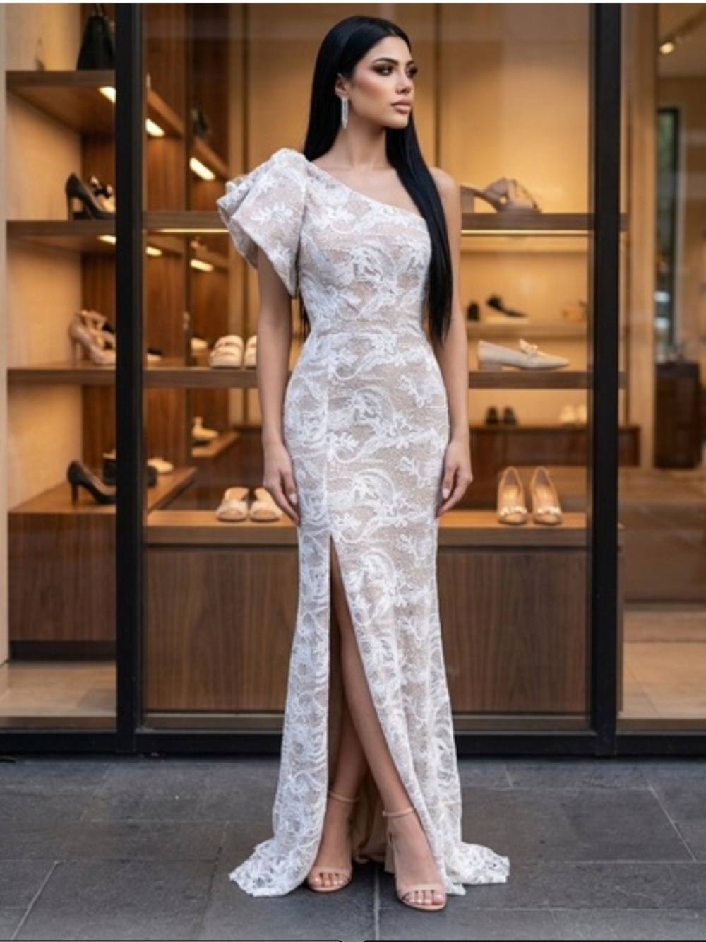 Dress The Population Genevieve Lace One Shoulder Bridal Maxi Gown Ivory Large